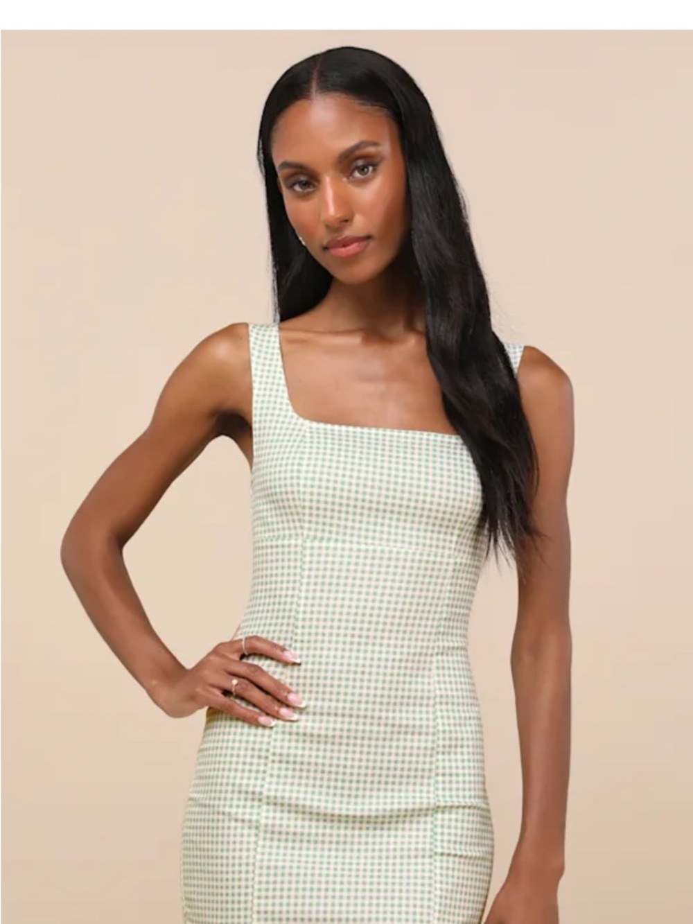 Lulu's Sage and White Gingham Square-Neck Bodycon Dress NWT